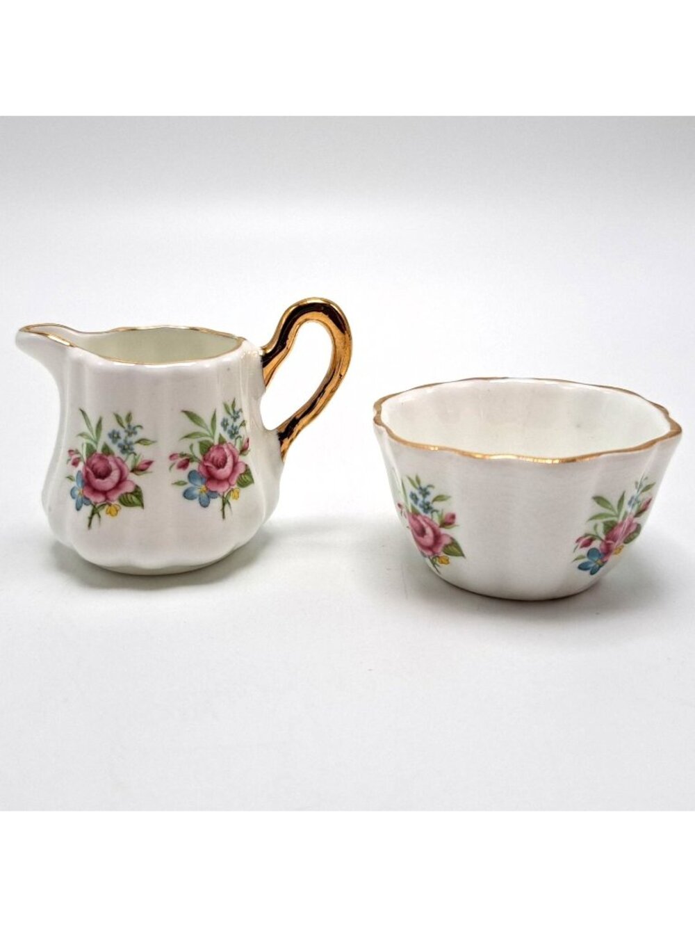 Sandford Fine Bone China Mini Creamer & Sugar Bowl Set Floral Gold Trim Vintage